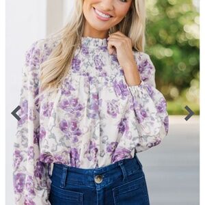NWOT cream/purple floral blouse